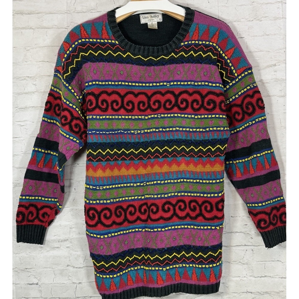 Lisa Ashley Women S Vintage Sweater Beaded Art To Wear Wacky 80's Rainbow Cosby